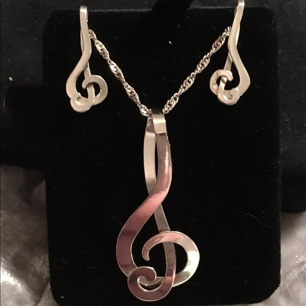 Sterling Silver Music Note Necklace & Earrings set